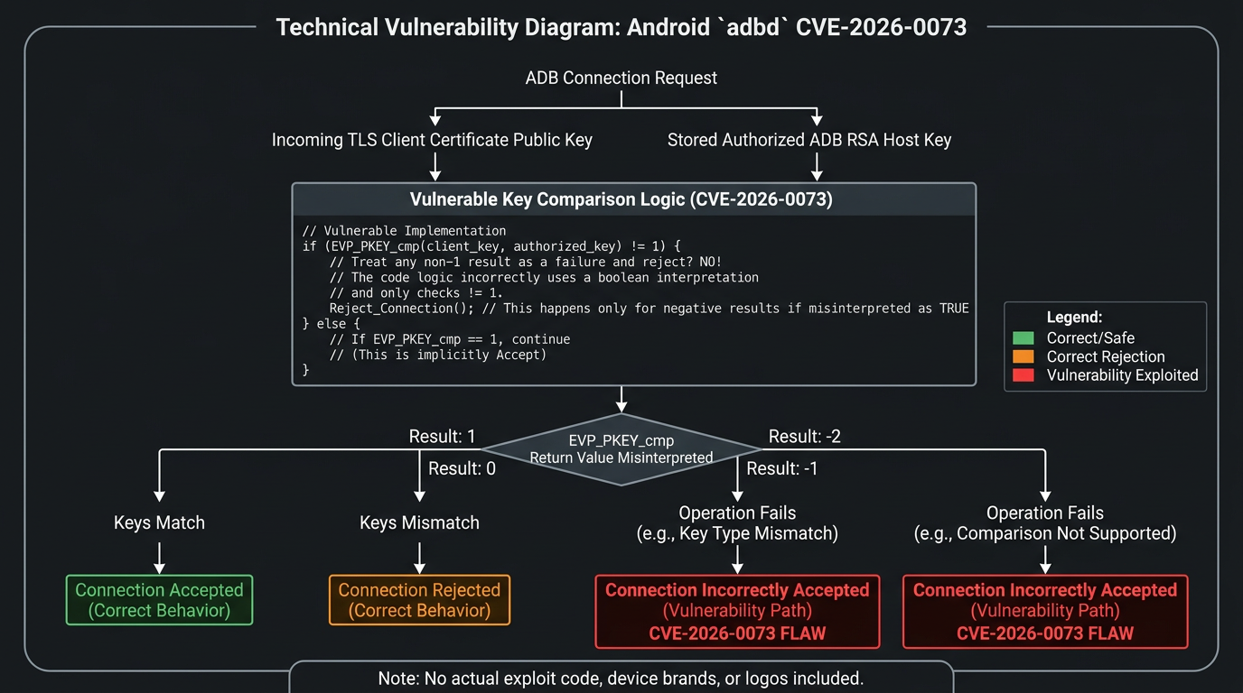 CVE-2026-0073, Android adbd Zero-Click Shell Through Wireless ADB