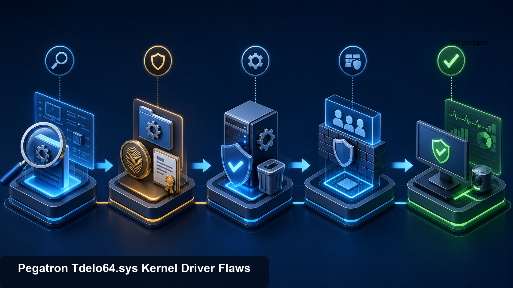 Five-stage workflow for finding a vulnerable driver, preserving metadata, removing it, enforcing Windows protections, and verifying clean endpoints.
