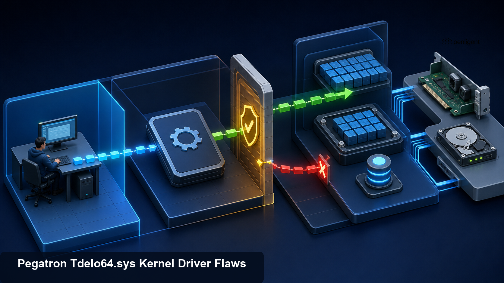 Defensive diagram of a user-mode process crossing an IOCTL validation boundary toward kernel memory and hardware resources.