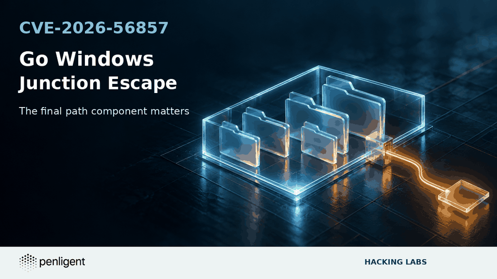 Go Windows junction escape cover showing a path redirected beyond a filesystem boundary, with the original transparent Penligent logo