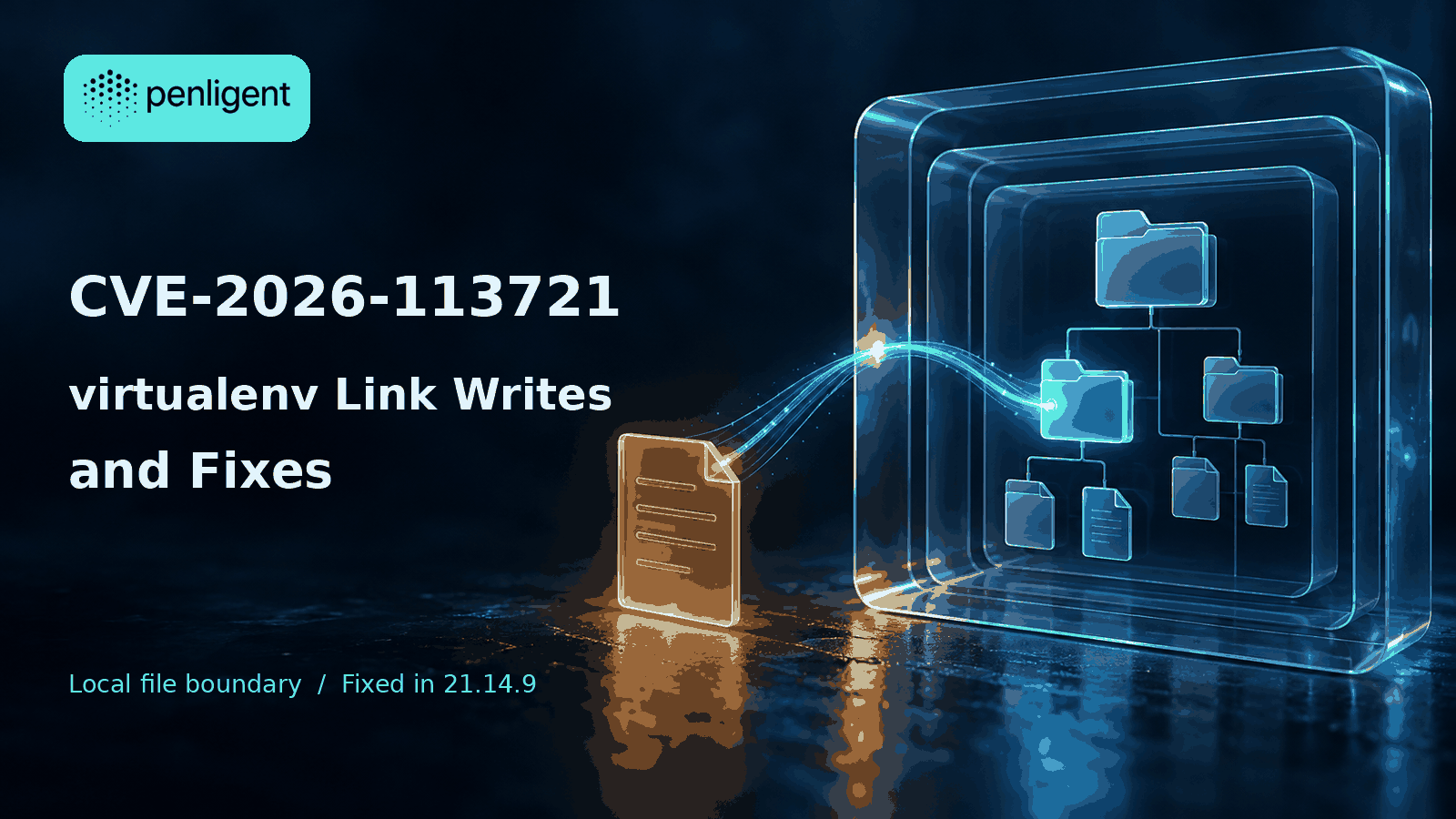 CVE-2026-113721 virtualenv link writes and fixes, illustrated as a file crossing an environment boundary