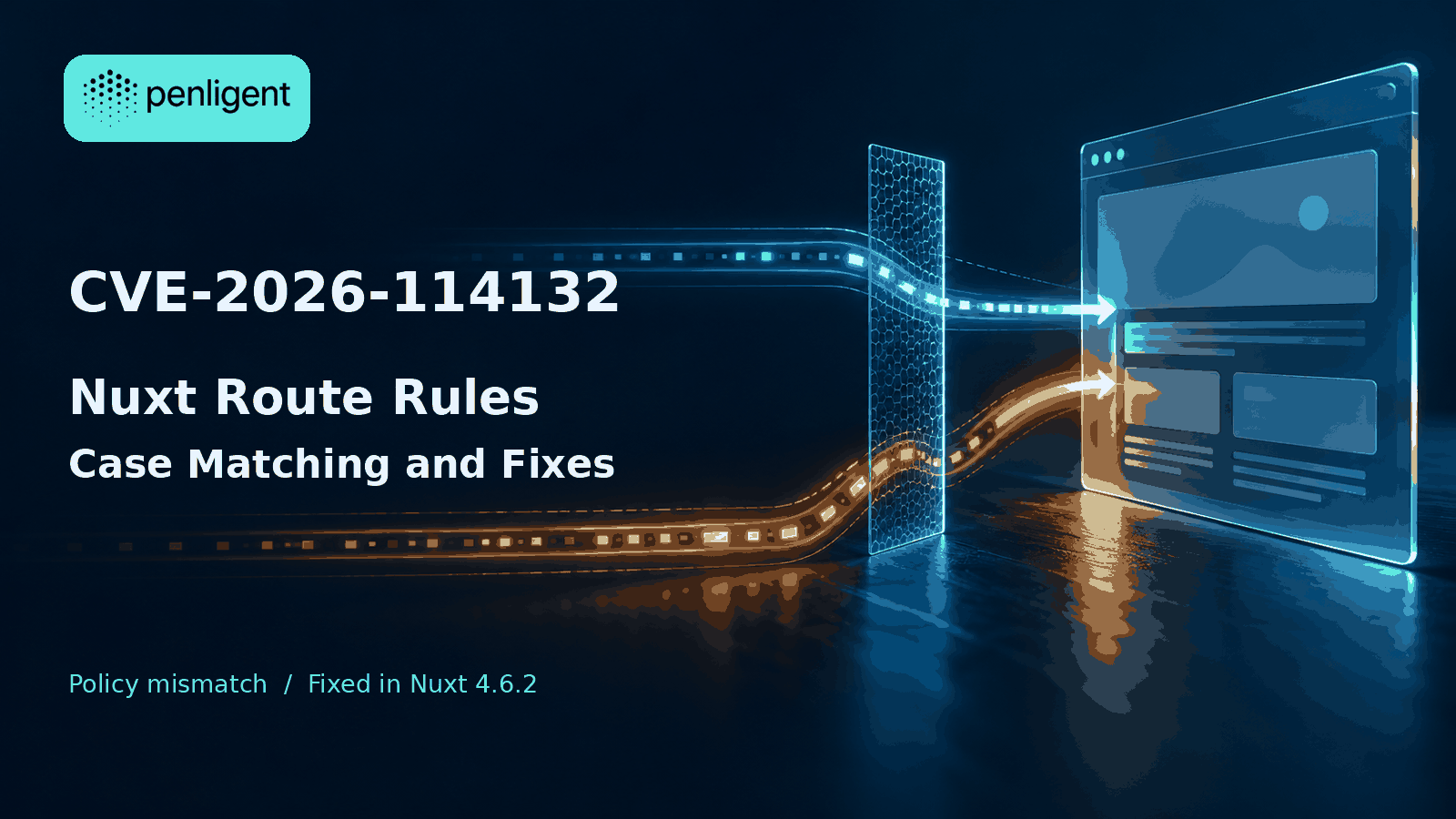 CVE-2026-114132 Nuxt route rules case matching and fixes, illustrated as routing tracks and a policy gate