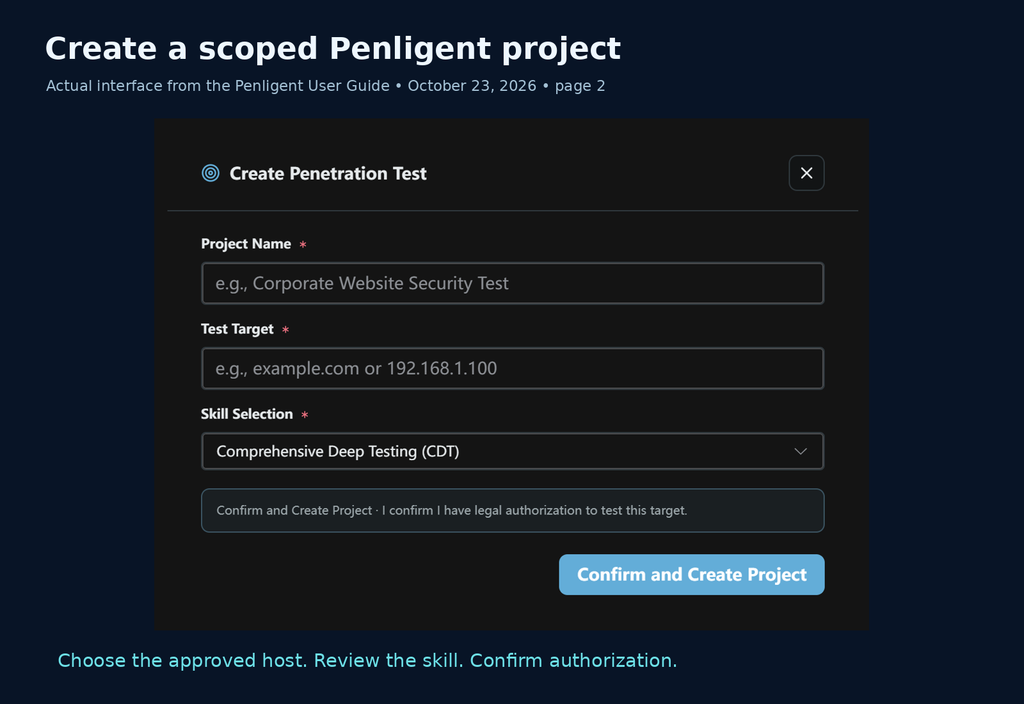 Penligent project creation form with Project Name, Test Target, Skill Selection and authorization confirmation