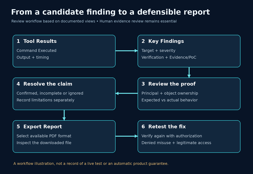 Six-stage evidence review workflow from Tool Results and Key Findings through proof review, report export and retesting