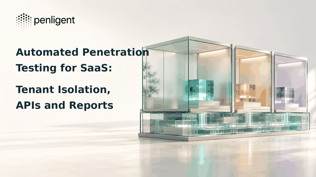Automated penetration testing for SaaS, with separate tenant contexts represented by glass rooms.
