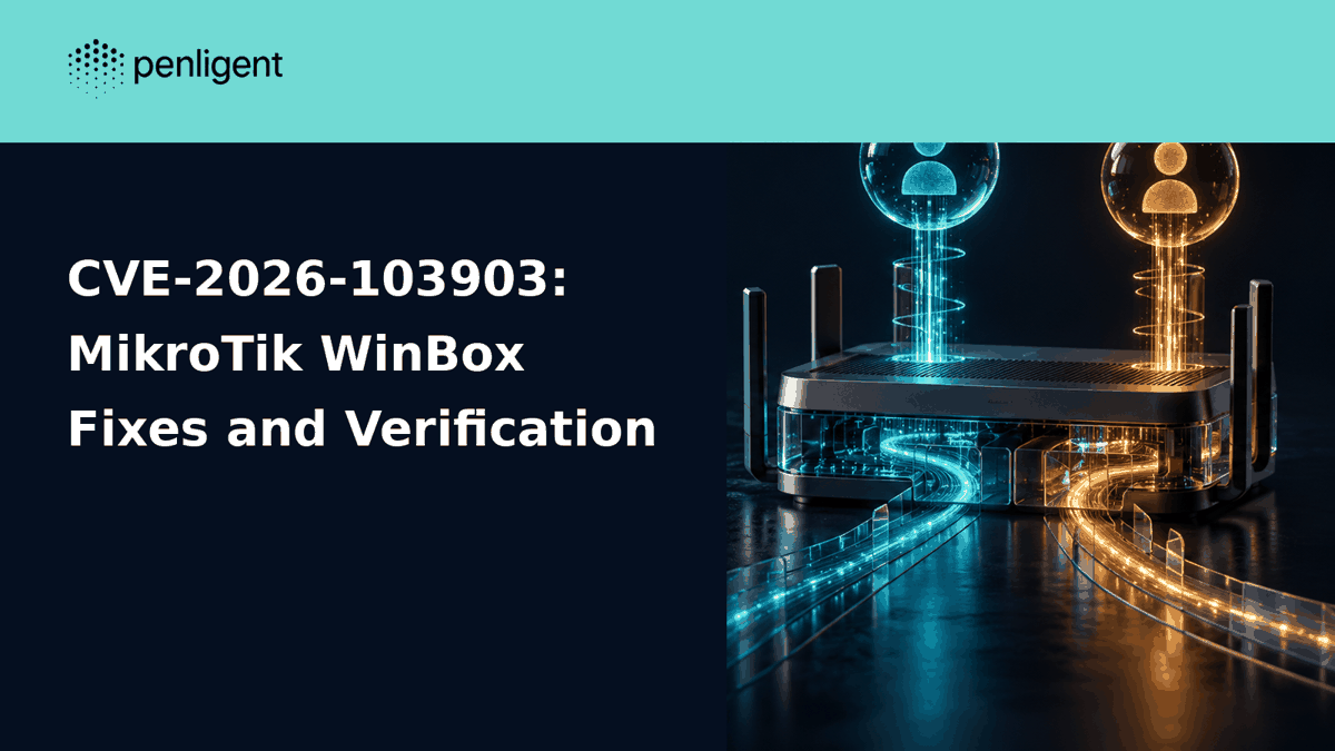 MikroTik WinBox identity boundary editorial cover with transparent Penligent logo