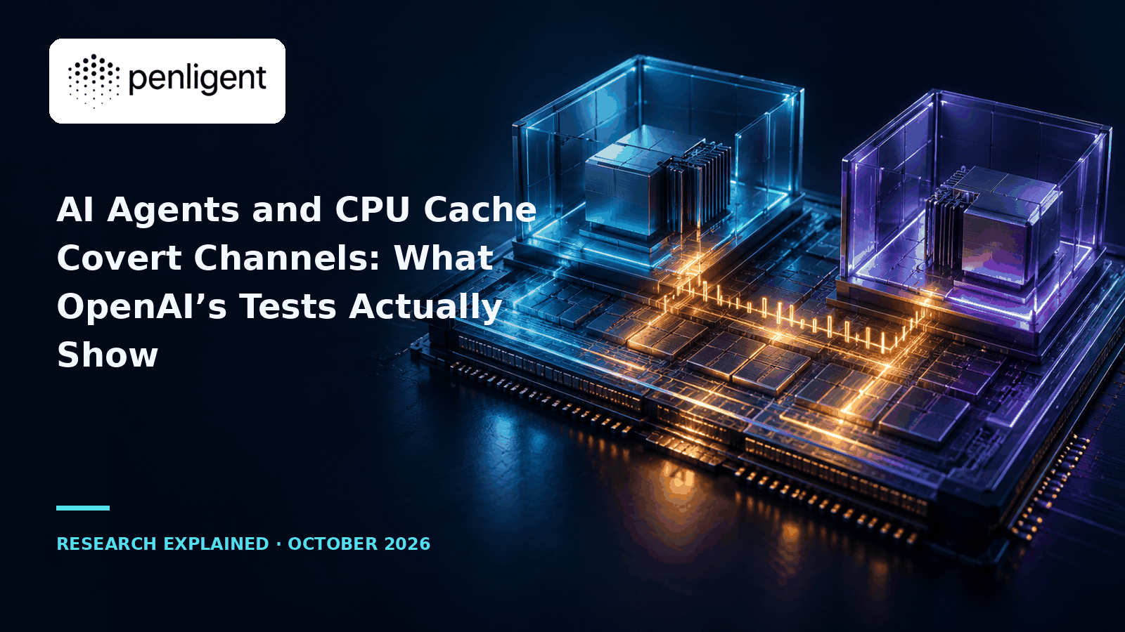 AI agents and CPU cache covert channels editorial cover with the Penligent logo