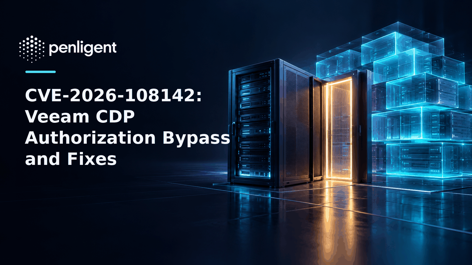 Editorial illustration of a backup server and protected storage with the article title about Veeam CDP authorization bypass.