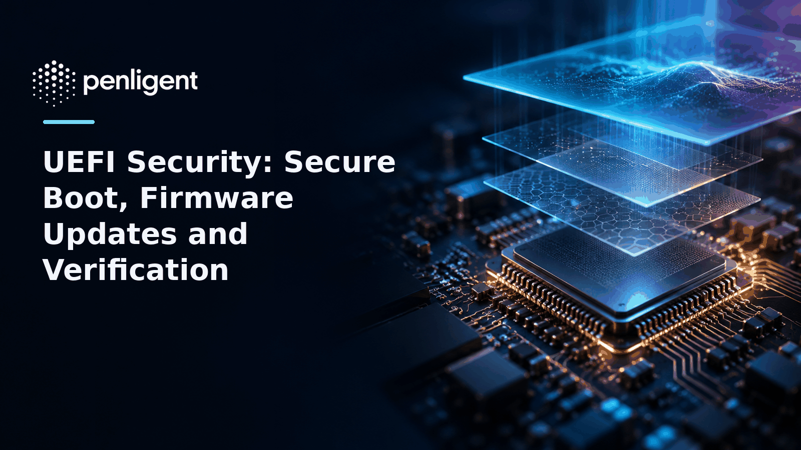 Editorial firmware chip illustration with the UEFI security article title and exact Penligent logo.