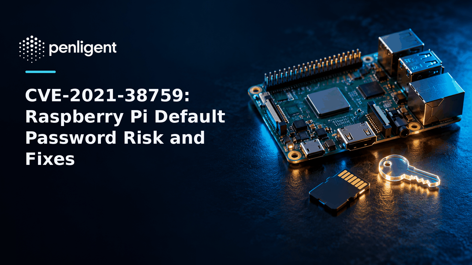 Unbranded single-board computer and storage card illustrating legacy default credential risk, with the article title.