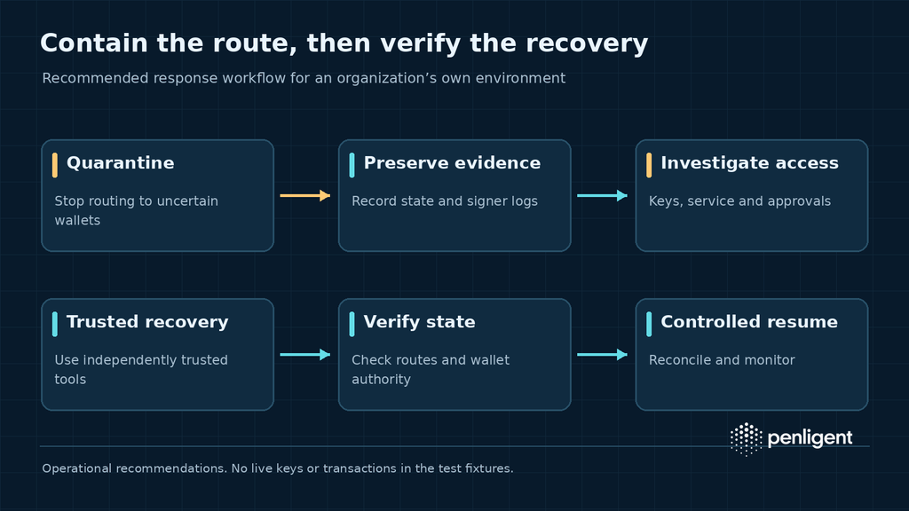Recommended response workflow to quarantine uncertain wallet routes, preserve evidence, investigate access and verify recovery.