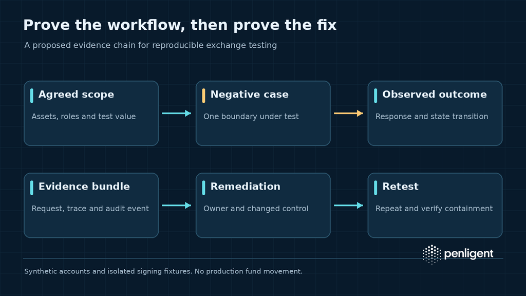 Proposed pentest evidence chain from agreed scope and a negative test to an observed outcome, evidence bundle, remediation and retest.