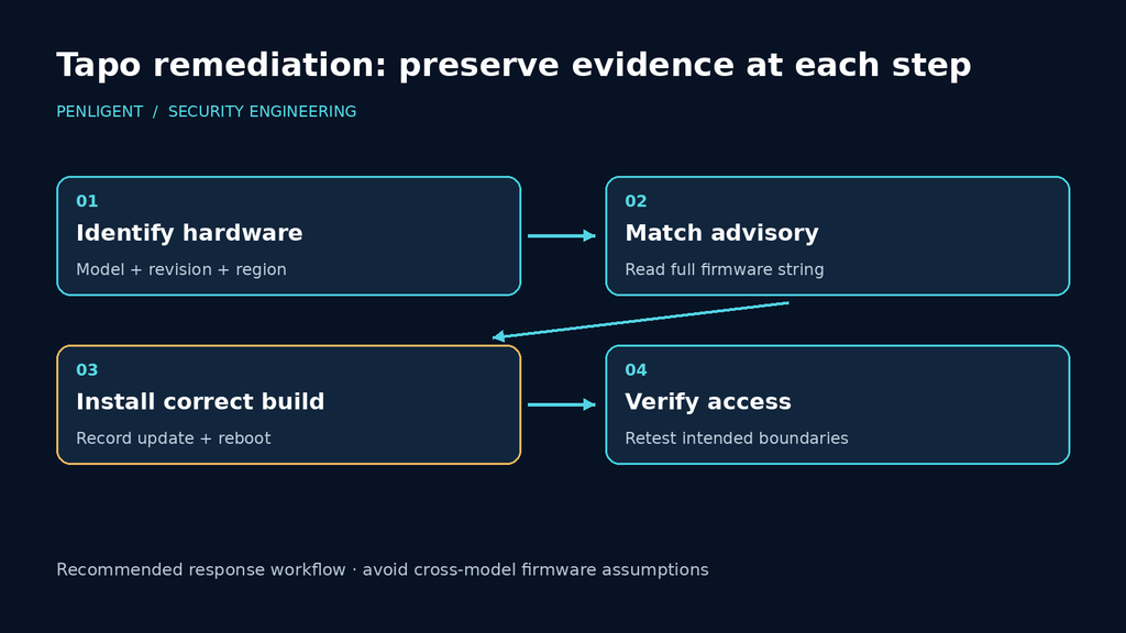 Recommended camera remediation workflow from hardware identification and advisory matching to installing firmware and verifying access.