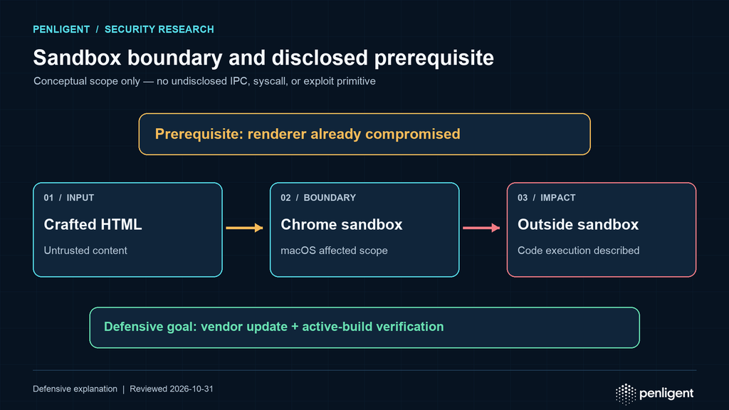 Diagram showing untrusted web content entering a renderer, the renderer-compromise prerequisite, and the sandbox boundary at risk.