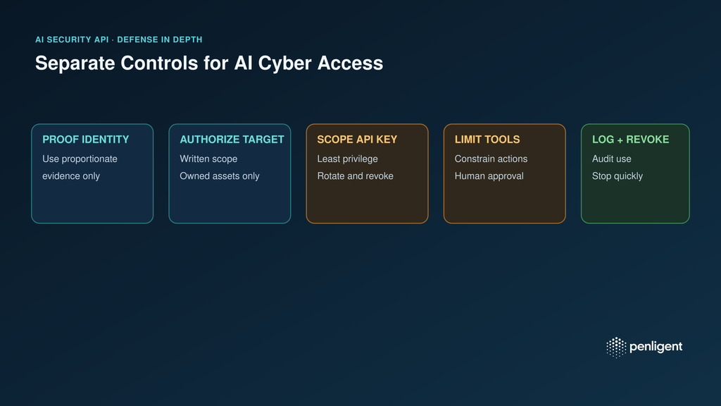 Identity, target authorization, API key scope, tool limits, audit logging, and revocation form separate controls for an AI security workflow.