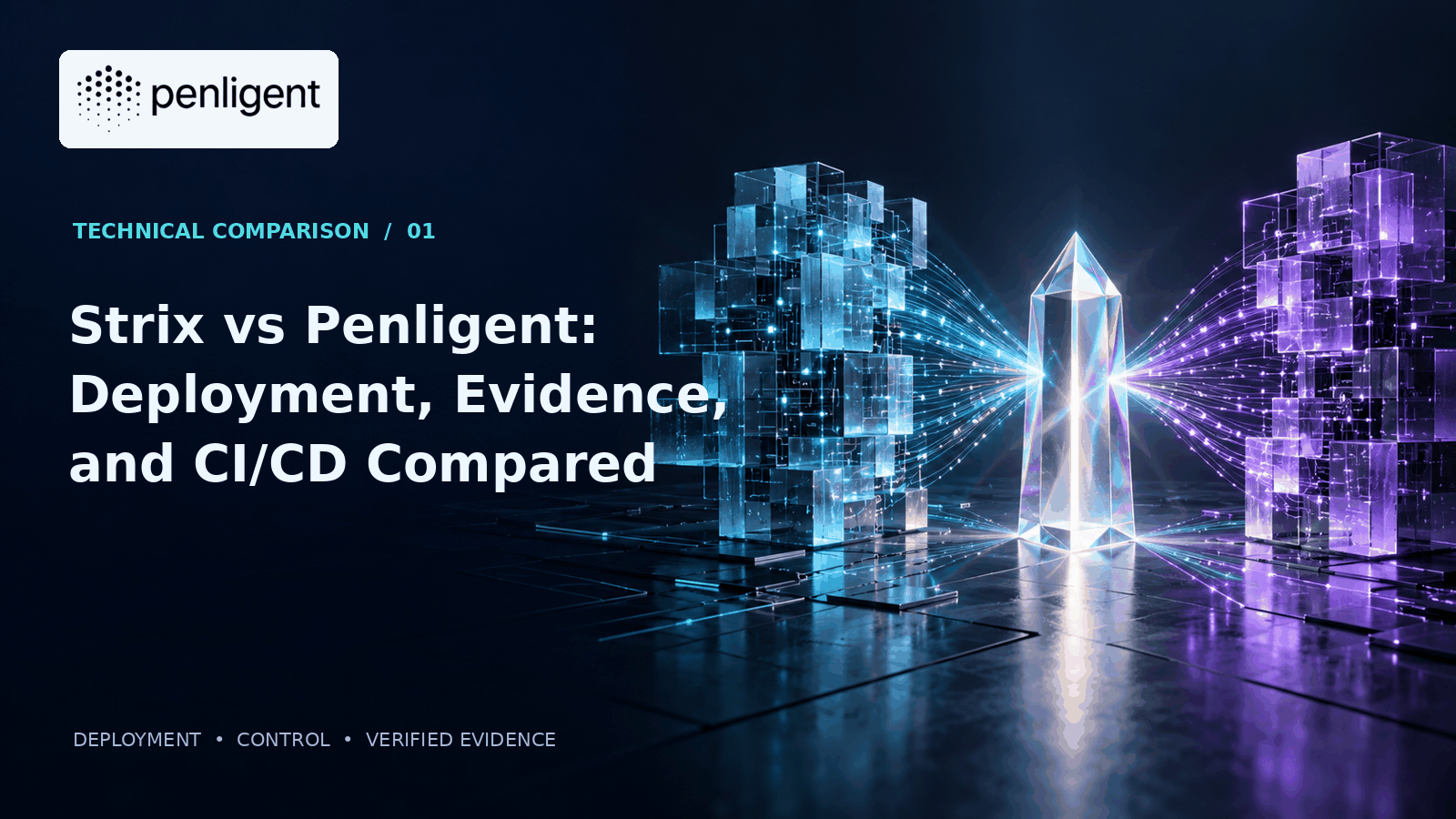 Editorial cover for Strix vs Penligent: Deployment, Evidence, and CI/CD Compared. Abstract glass structures converge on an evidence prism.