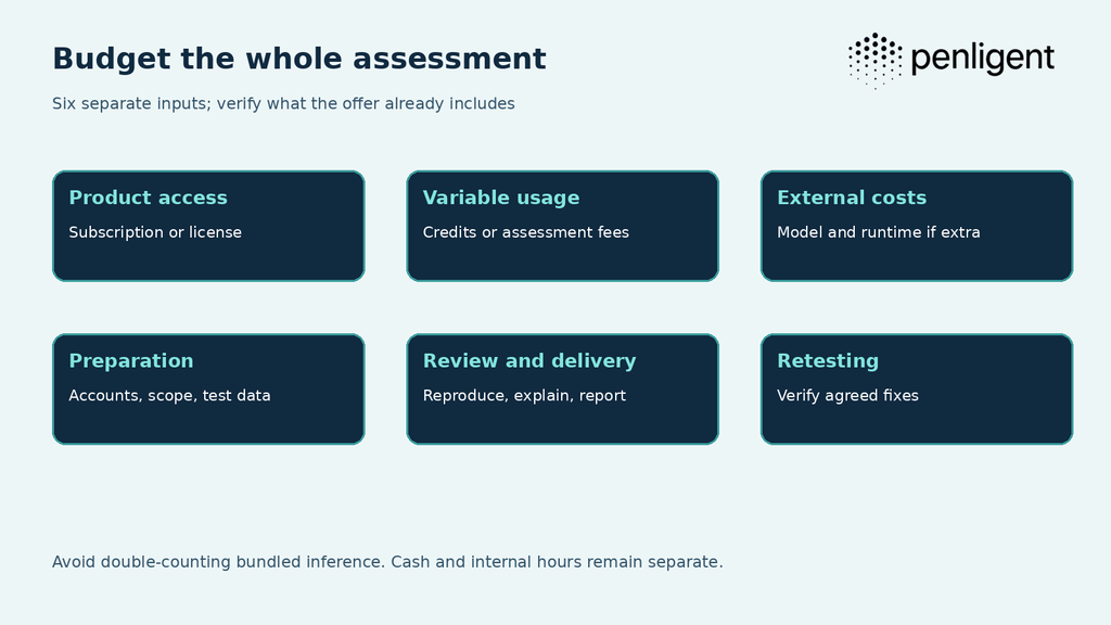 Six budget layers separating product access, variable usage, external costs, preparation, review and delivery, and retesting.