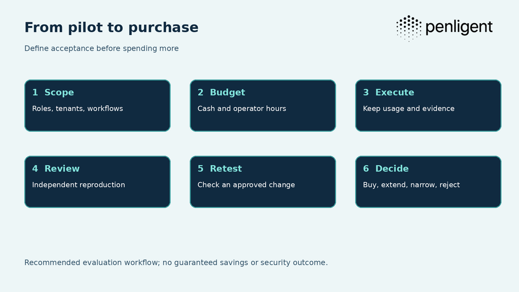 A six-stage purchasing pilot: scope, budget, execute, review, retest, and decide.