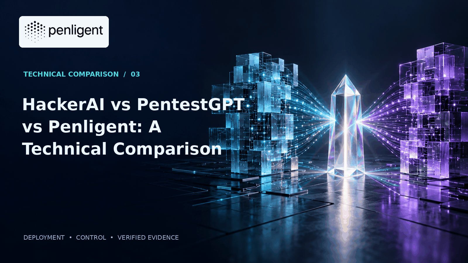 Editorial cover for HackerAI vs PentestGPT vs Penligent: A Technical Comparison. Abstract glass structures converge on an evidence prism.