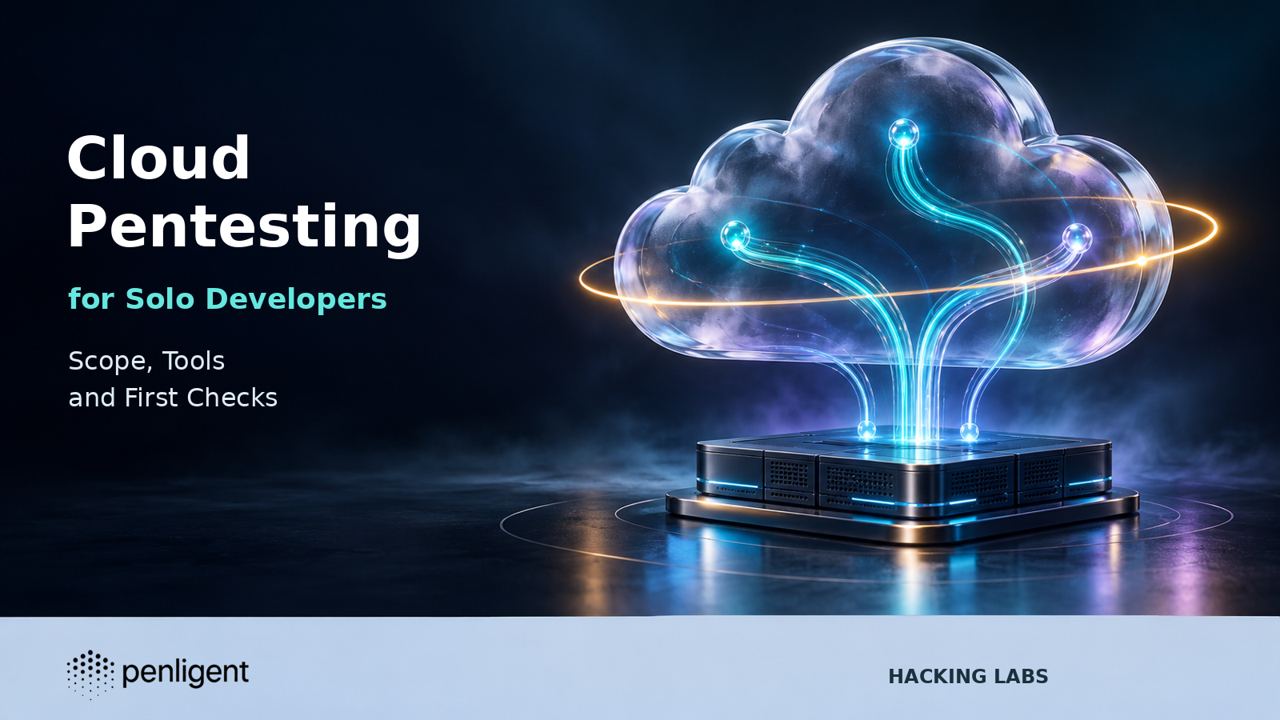 Cloud pentesting for solo developers, with a glass cloud, scoped infrastructure connections and the original Penligent logo