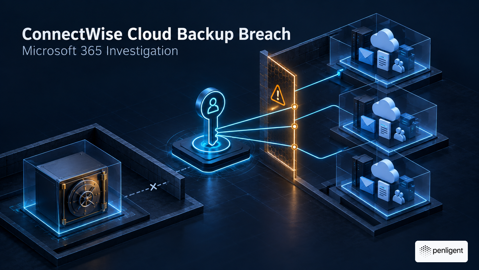 Conceptual illustration of an application credential crossing tenant trust boundaries, with backup archives shown separately and isolated.