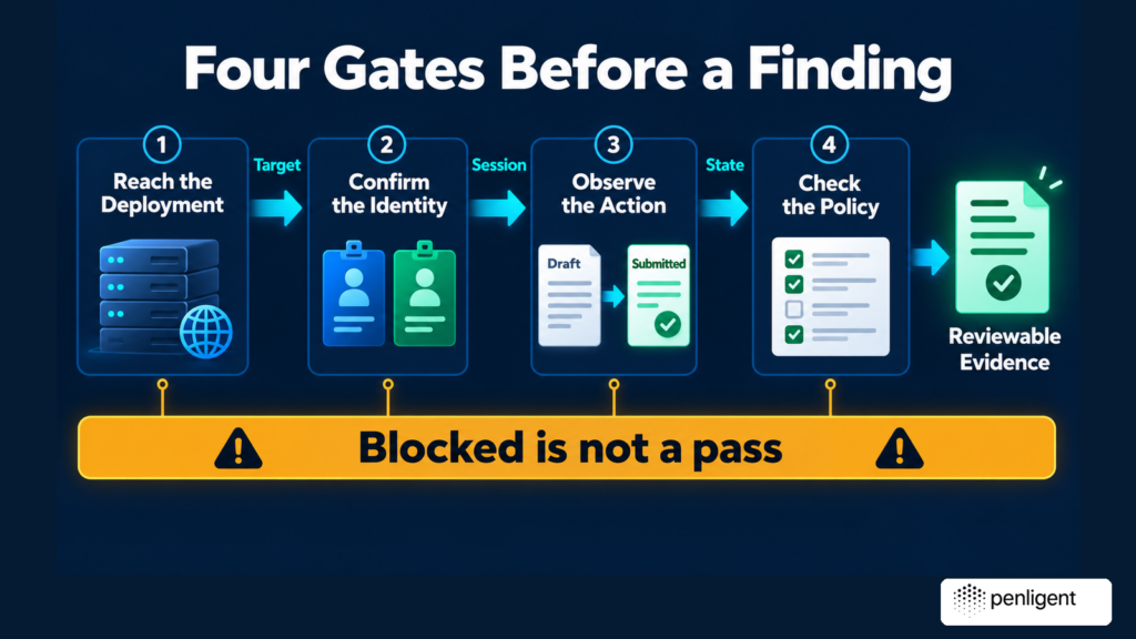 Four prerequisites connect the intended deployment, active identity, observed action and expected policy before accepting evidence.